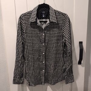 Chaps No Iron Houndstooth Button Down Shirt Black White Size Large